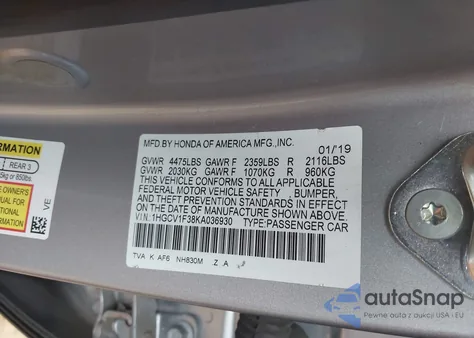 2019 Honda Accord Sport z USA, uszkodzony, nr VIN 1HGCV1F38KA036930